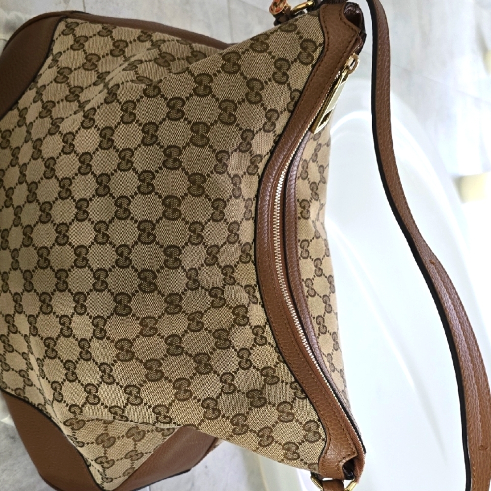 Authentic Gucci Tan and Brown Monogram Shoulder Bag